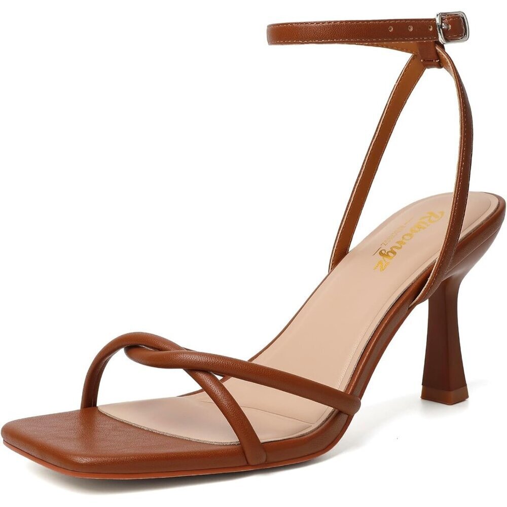 Women's Brown Square Open Toe Kitten Strappy Ankle Strap Heeled Sandals Shoes